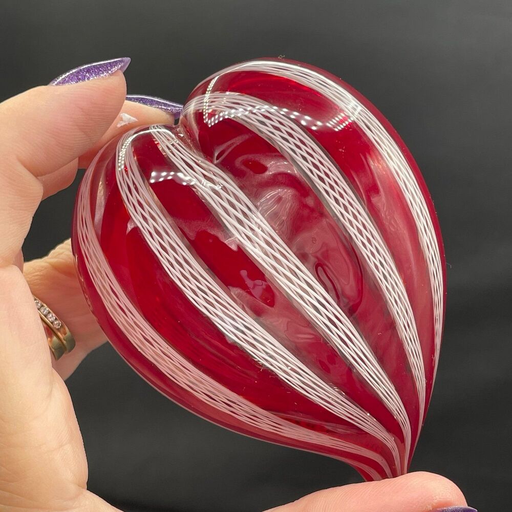 Murano Art Glass Red White Zanfirico Striped Heart Paperweight Figurine